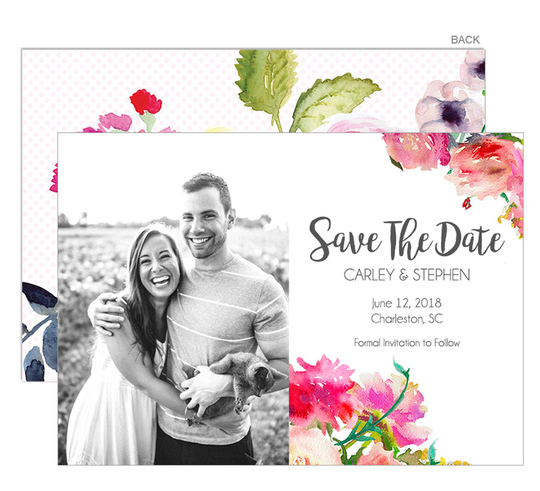 Watercolor Corner Peonies Photo Save The Date Announcements